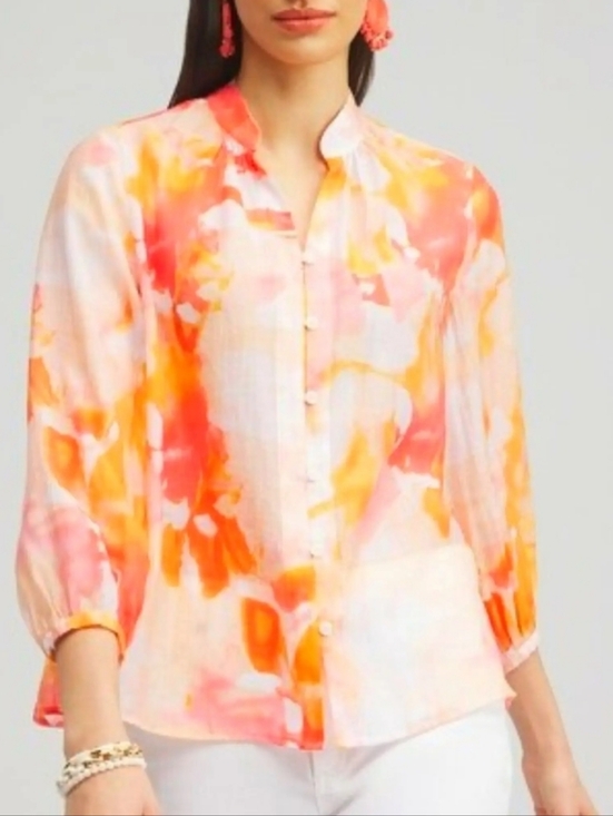 Chico's Tops - Chico's Orange Watercolor Button-Front Blouse Puff Sleeve Lightweight‎ Sz1(8)